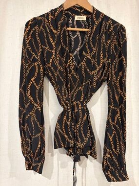 L'AGENCE Cara Silk Black & Gold Chain Print Wrap Blouse